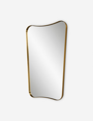 Angled view of the Belvoir thin brass framed wall mirror