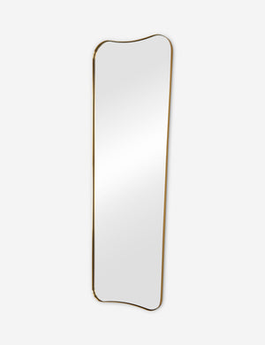 Angled view of the Belvoir metal framed full length mirror in gold