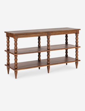 Angled view of the Foxton beaded turned wood low bookcase