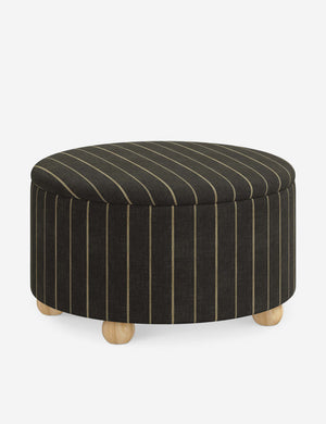 Angled view of the Kamila Peppercorn Stripe Linen 34-inch ottoman