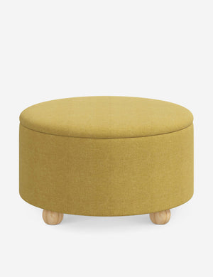 Kamila Golden Linen 34-inch round ottoman with storage space and pinewood feet