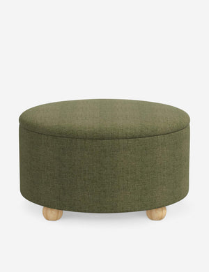 Kamila Sage Green Linen 34-inch round ottoman with storage space and pinewood feet