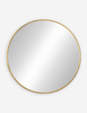 Mercedes thin gold-leaf framed round wall mirror.