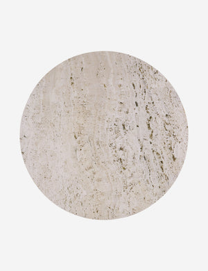 Overhead view of the Aleda round travertine and wood mixed-material side table.