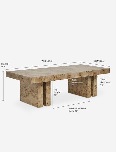 | Dimensions on the Brisa Burl Wood Coffee Table
