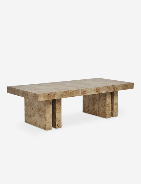 | Angled left view of the Brisa rectangular burl wood coffee table with four legs