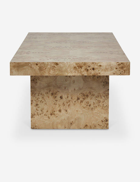 | Side view of the Brisa rectangular burl wood coffee table with four legs
