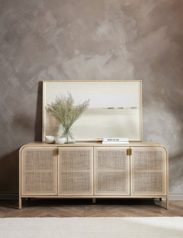 #color::natural | Brooke natural solid oak sideboard with iron pulls and woven cane doors