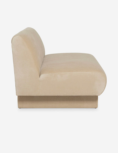#color::brie-classic-velvet #configuration::left-facing #configuration::right-facing #size::142-W #size::114-W | Side view of the  Centerpiece of the Lena beige velvet sectional sofa with upholstered beam legs