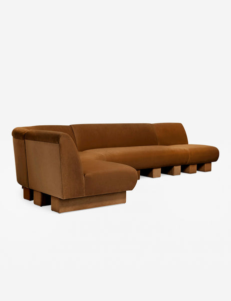#color::Cognac-velvet #configuration::left-facing #size::142-W | Angled view of the Lena left-facing cognac velvet sectional sofa with upholstered beam legs.
