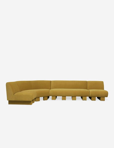 #color::goldenrod-plush-velvet #configuration::left-facing #size::142-W | Lena left-facing yellow velvet sectional sofa with upholstered beam legs.