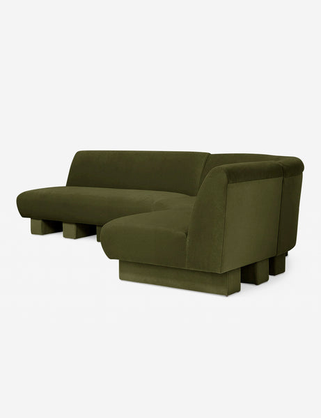 #color::Loden-velvet #configuration::right-facing #size::114-W | Angled view of the Lena right-facing gray velvet sectional sofa with upholstered beam legs.
