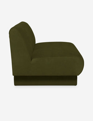 Side view of the Centerpiece of the gray velvet sectional sofa with upholstered beam legs