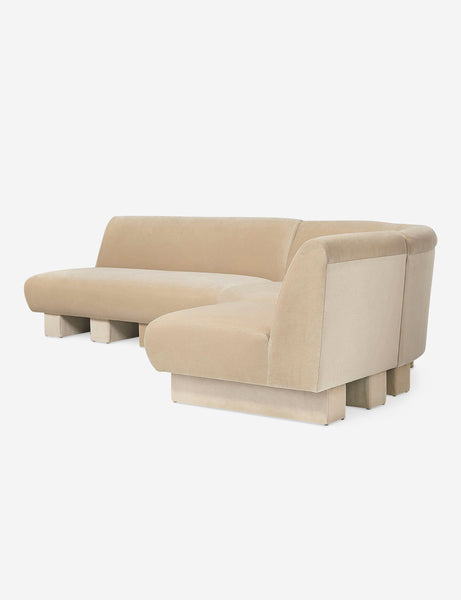 #color::brie-classic-velvet #configuration::right-facing #size::114-W | Angled view of the Lena right-facing beige velvet sectional sofa with upholstered beam legs 