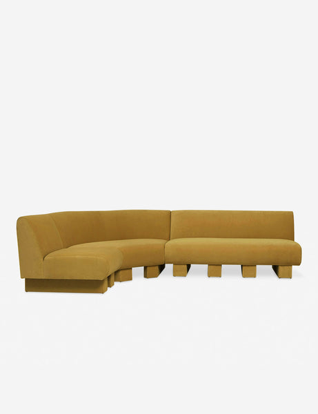 #color::goldenrod-plush-velvet #configuration::left-facing #size::114-W | Lena left-facing yellow velvet sectional sofa with upholstered beam legs.