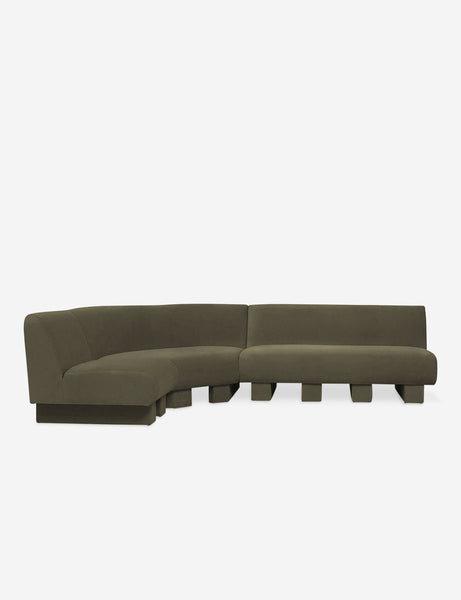 #color::Loden-velvet #configuration::left-facing #size::114-W | Lena right-facing gray velvet sectional sofa with upholstered beam legs.