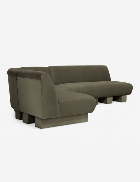 #color::Loden-velvet #configuration::left-facing #size::114-W | Angled view of the Lena left-facing gray velvet sectional sofa with upholstered beam legs.
