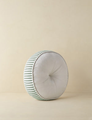 Angled view of the Littu Indoor / Outdoor Striped Disc Pillow by Sarah Sherman Samuel in Moss