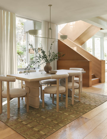 #size::2-6--x-8--runner #size::6--x-9- #size::8--x-10- #size::9--x-12- #size::10--x-14- #size::12--x-15- #size::4--x-6- | Dining room featuring the Lalan hand-knotted geometric pattern wool rug.