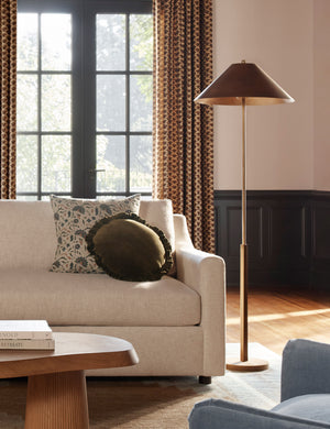 Tutton tapered metal shade floor lamp styled beside a sofa