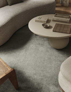 Living room featuring the Damara solid viscose rug in sage.