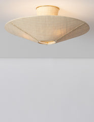#color::brass #size::20.5-dia | Nieto woven with stitch detailing semi-flush mount light with light on