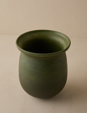 Angled overhead view of the Campden matte green ceramic vase by Heidi Caillier.