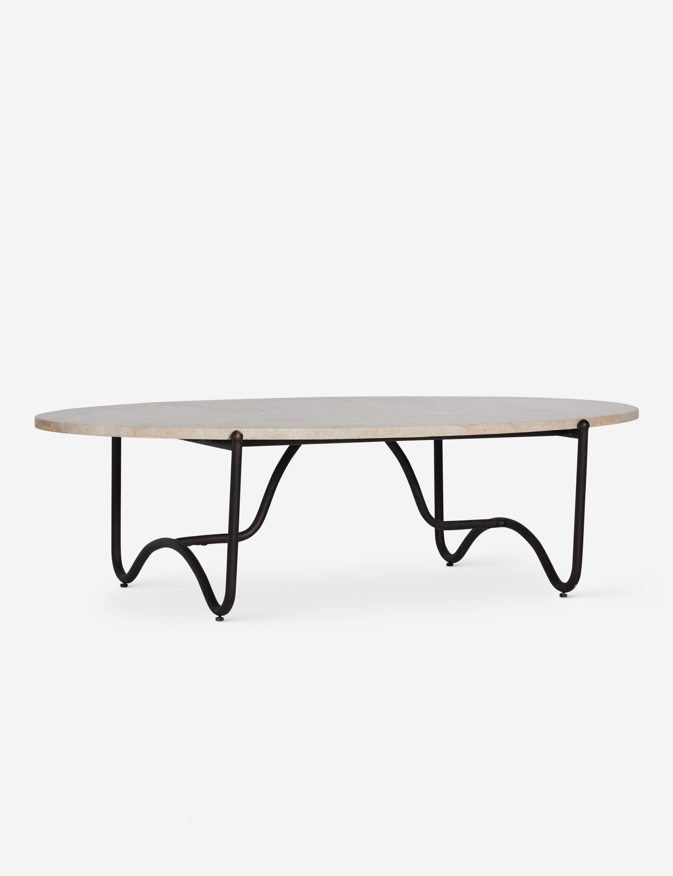 #color::faux-travertine | Peggy sculptural iron frame and stone top oval outdoor coffee table.