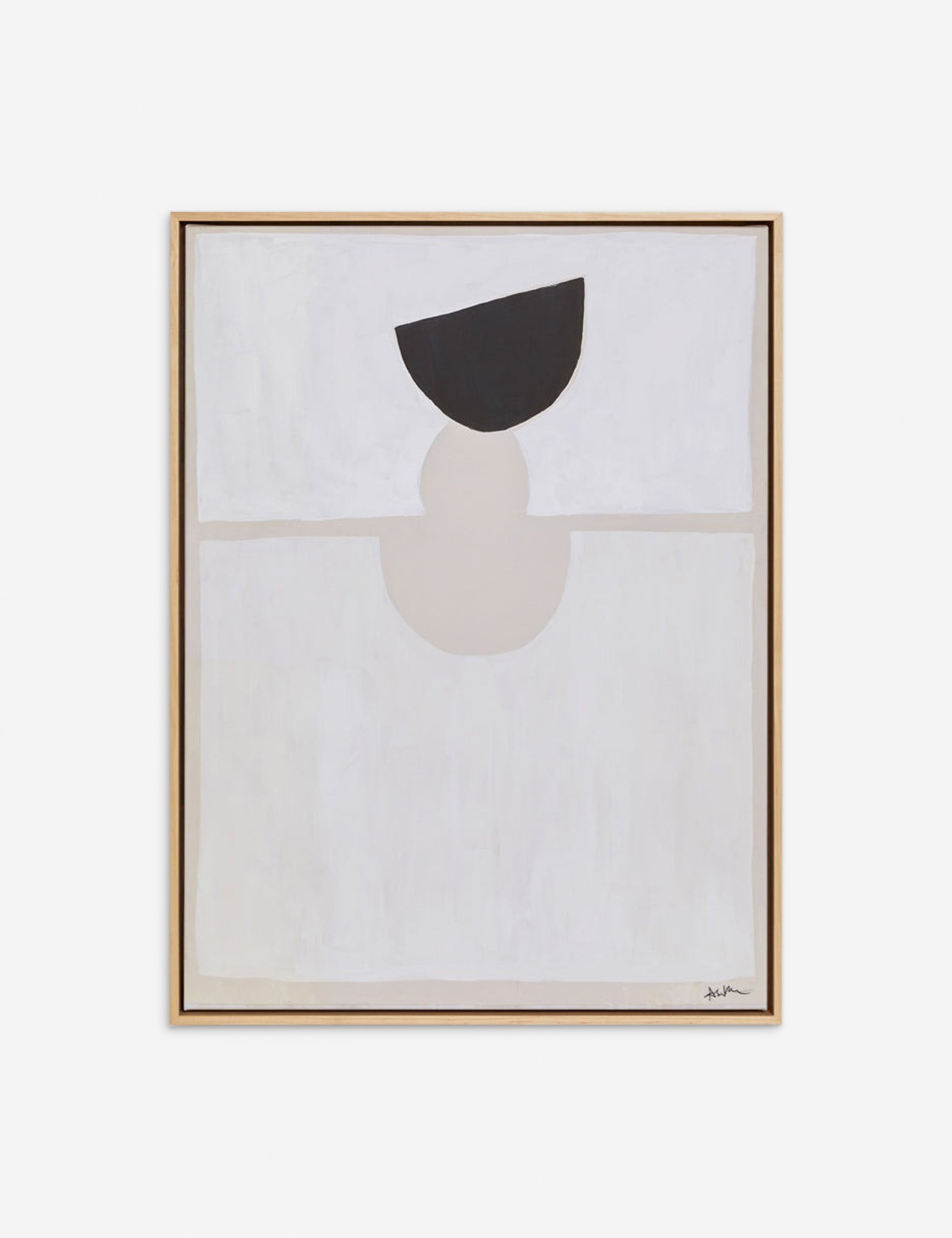 | A Foothold Print by Sarah Sherman Samuel featuring cream, white, and black abstract shapes surrounded by a maple floater frame