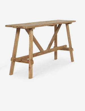 Angled left front view of the Arlene craftsman-style antiqued teak wood console table