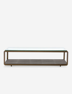Eryn shadow-box style Coffee Table with a clear glass top and oiled-bronze frame