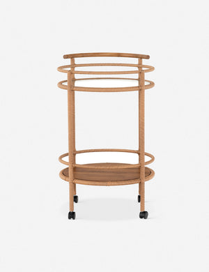 Front view of the Annika round teak rolling outdoor bar cart.