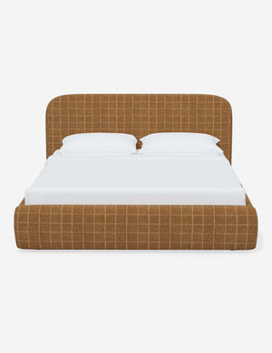 Nabiha upholstered Cognac Grid platform bed with a rounded headboard