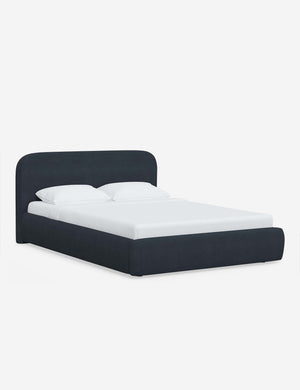 Angled view of the Nabiha Navy Linen platform bed