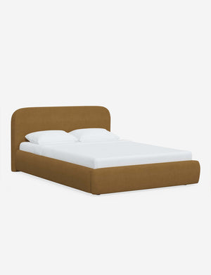 Angled view of the Nabiha Sesame Linen platform bed