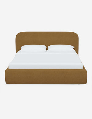 Nabiha upholstered Sesame Linen platform bed with a rounded headboard