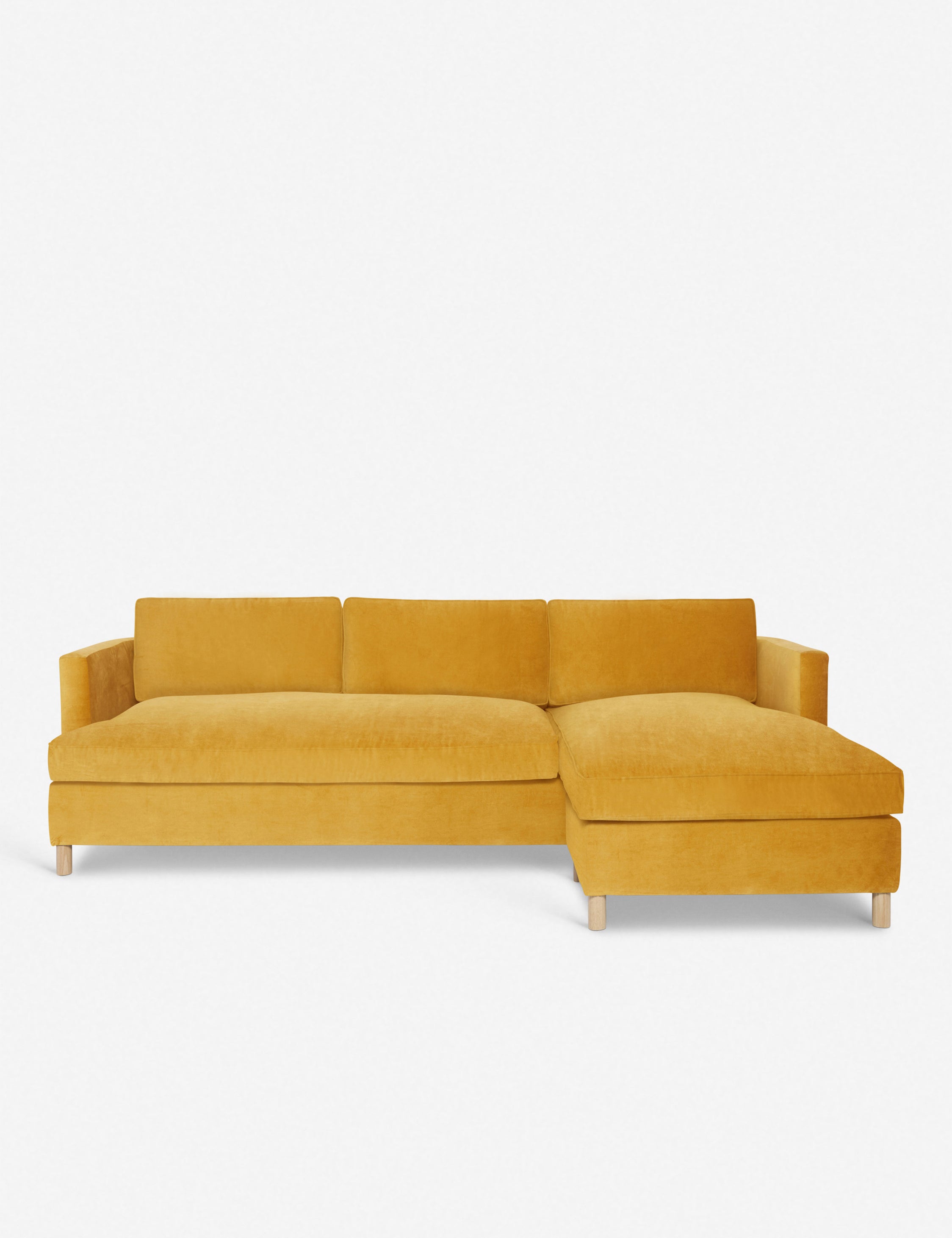#color::goldenrod-plush-velvet #configuration::right-facing | Belmont Goldenrod Velvet right-facing sectional sofa by Ginny Macdonald with a curved back and oversized cushions