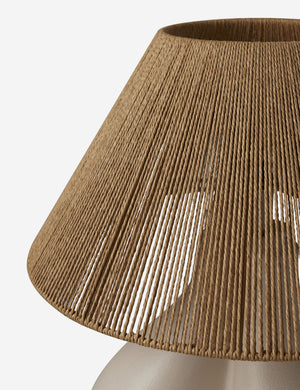 Close up view of the Gustav woven shade sculptural table lamp.