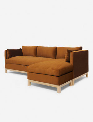 Right angled view of the Hollingworth cognac velvet sectional sofa