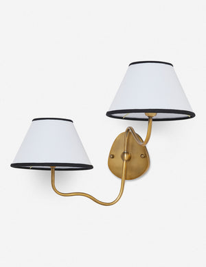 Angled view of the Magdalene brass double sconce