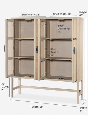 Dimensions on the Hannah whitewashed mango wood cabinet with cane doors