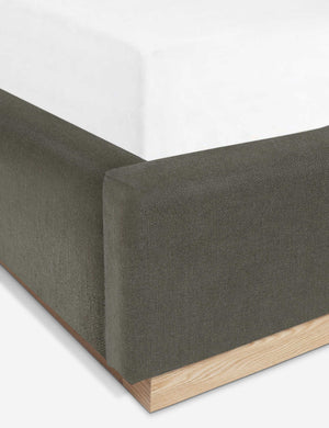 Close-up of the gray velvet fabric and the white oak base on the Lockwood Bed by Ginny Macdonald.