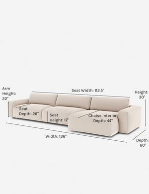 Dimensions on the Mackenzie ivory linen right-facing sectional sofa