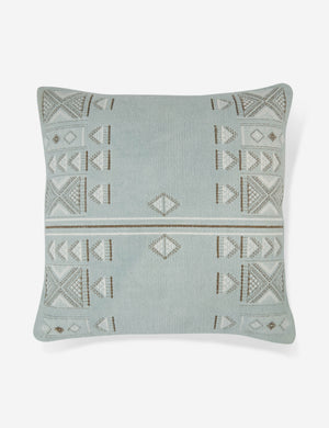 Ciecil sky blue throw pillow with an arabesque pattern and a woven cotton front