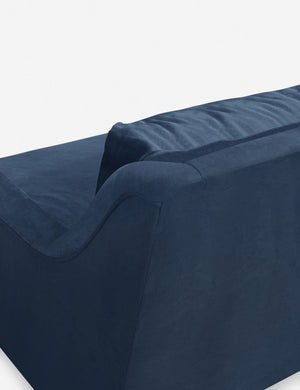 Back corner of the Rivington Harbor Blue Velvet sofa